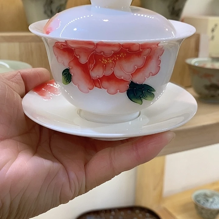 拉花盖碗羊脂白玉瓷