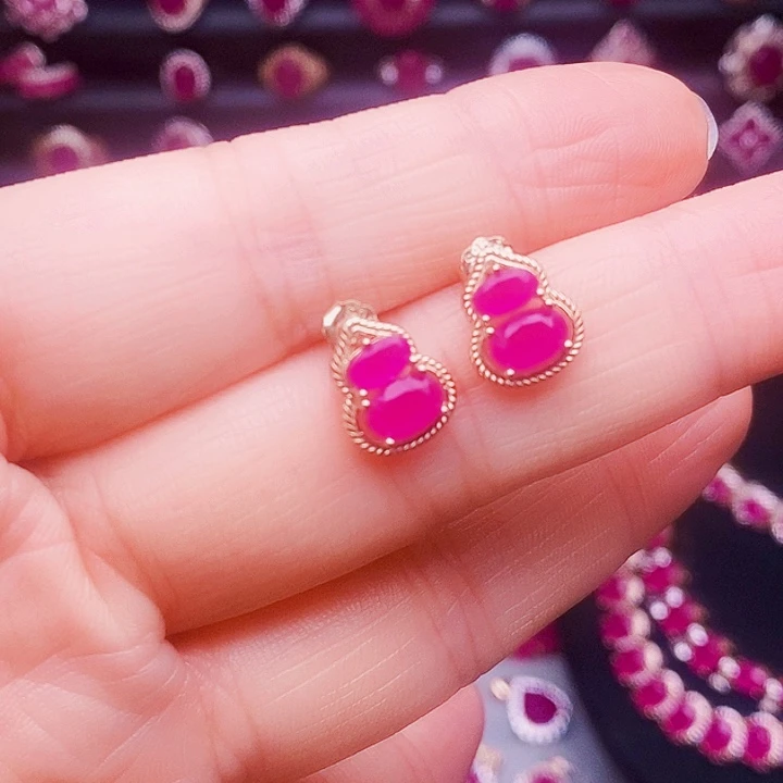 红宝石耳饰银S925镶嵌