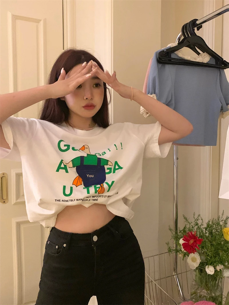 夏季日韩复古女装印花t恤纯棉短袖t恤女ins潮宽松休闲内搭女上衣