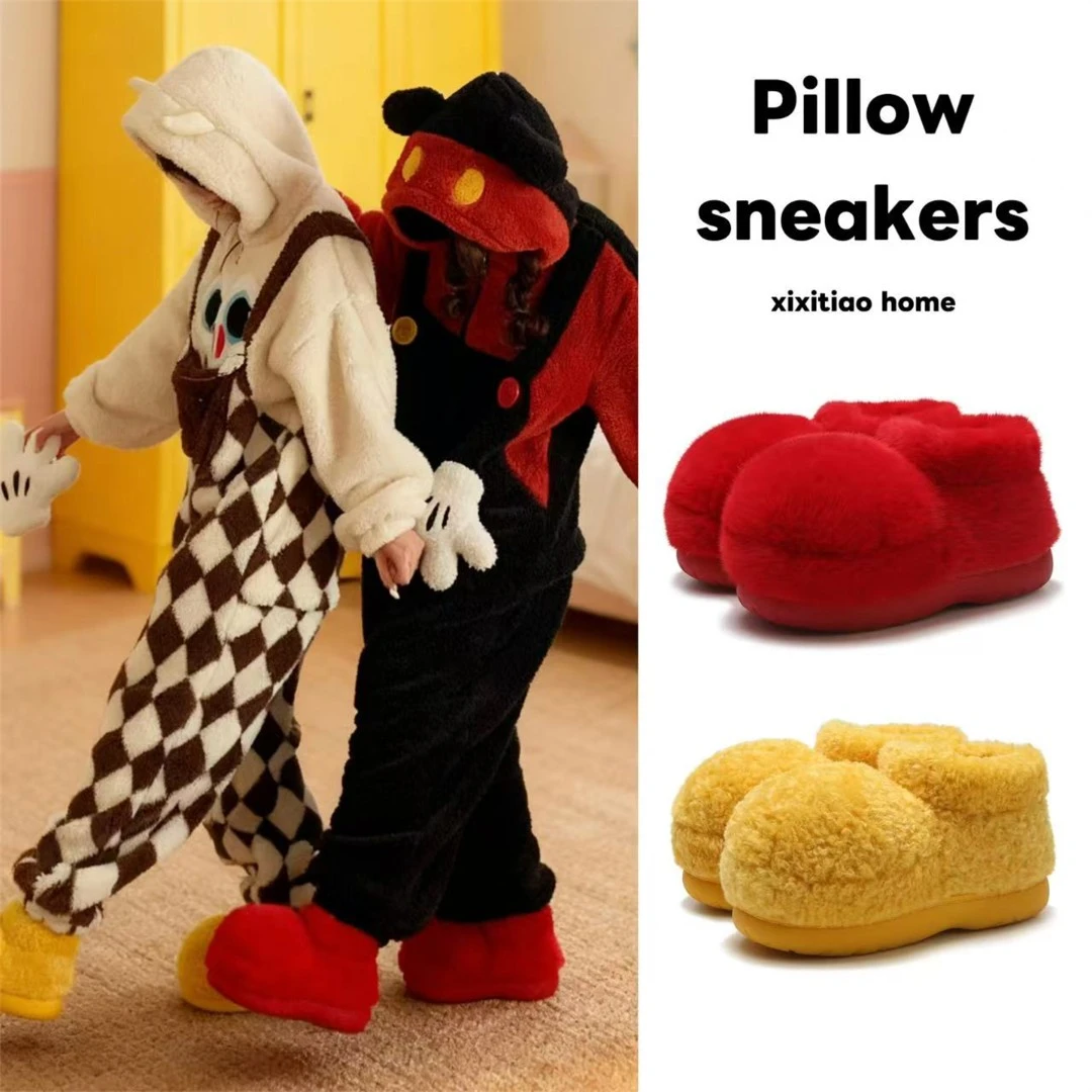 居家外穿保暖防滑趣味短筒棉鞋冬可爱时尚百搭大头毛毛靴子女ins