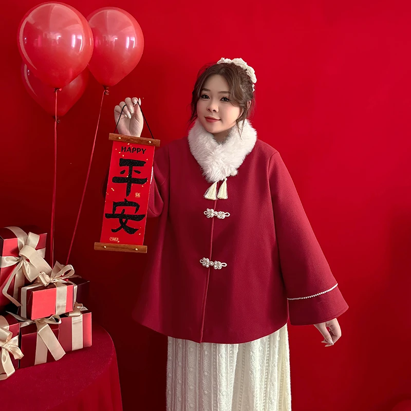 CD6847大码女装【新年战袍】盘扣新中式红色围脖毛领夹棉服毛呢外套