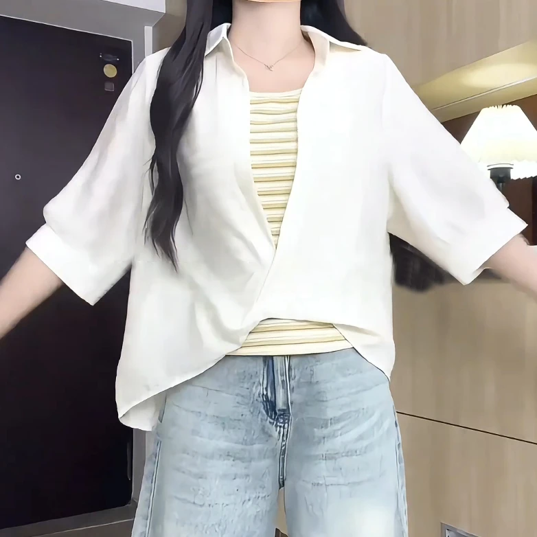 【6772桃】2025夏新款慵懒风拼接假两件背心衬衫女宽松休闲通勤上衣