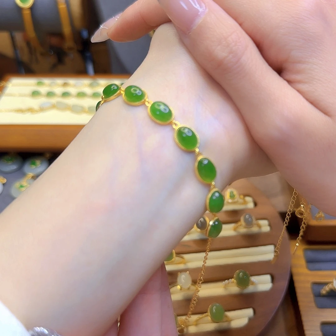 和田玉手链银S925镀金镶嵌