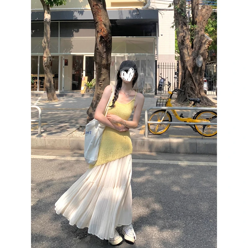 不规则黄色针织吊带背心女修身甜美无袖显瘦上衣半身裙长裙两件套