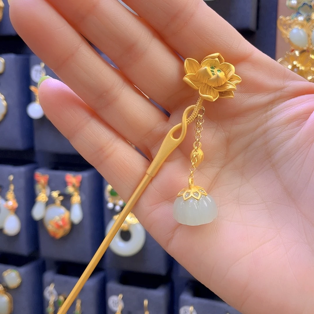 和田玉发饰银S925镀金镶嵌