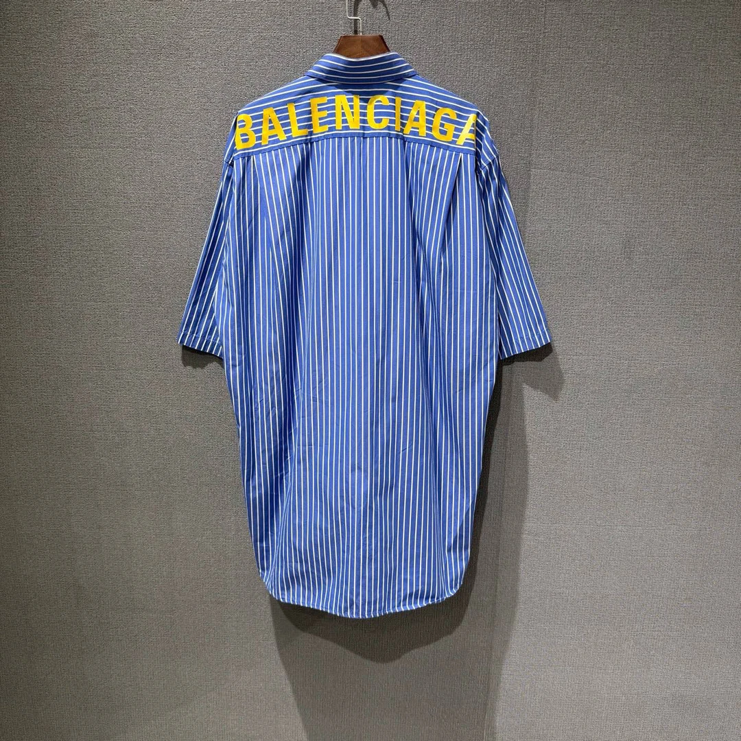 99新 Balenciaga/巴黎世家 背后印花条纹短袖衬衫 38码/8578