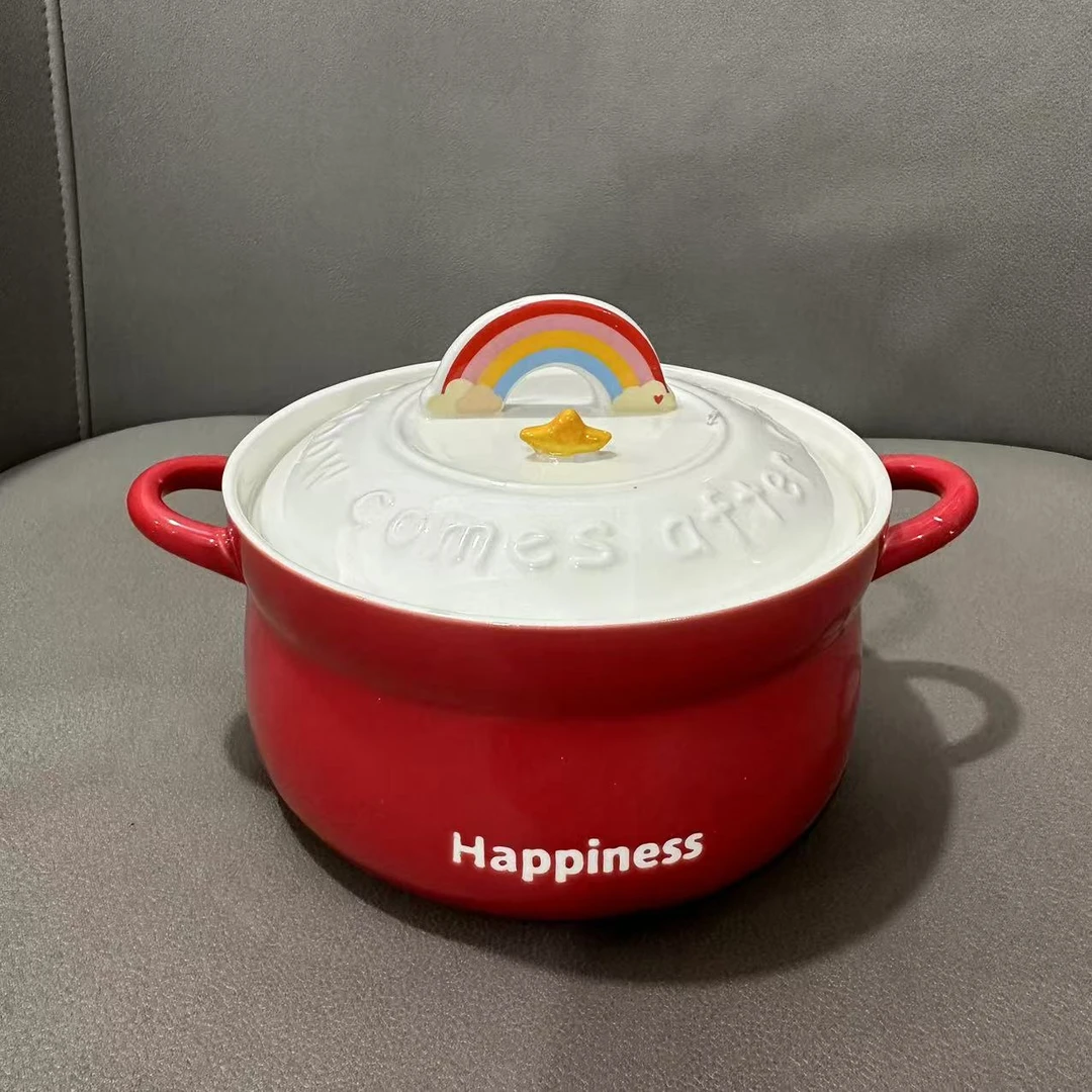 W858可爱陶瓷泡面碗日式餐具小双耳汤碗学生宿舍方便面碗筷2