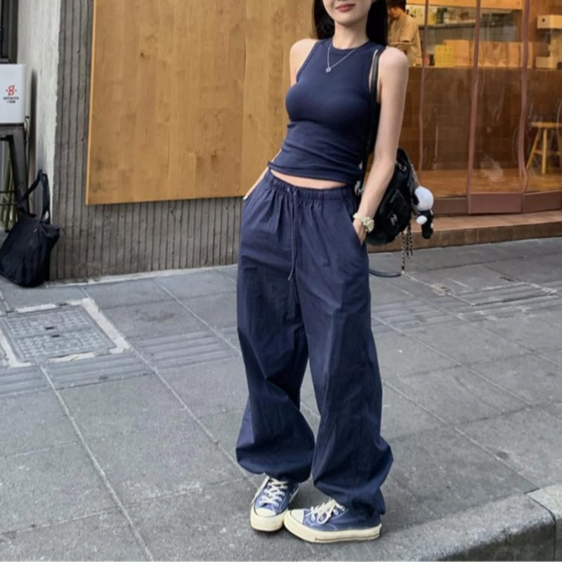 美式多巴胺辣妹套装针织工字背心吊带女装夏季阔腿工装裤两件套