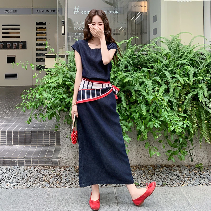 轻熟风显瘦丝巾拼接牛仔套装裙女夏新款轻薄休闲老钱风松弛感女装