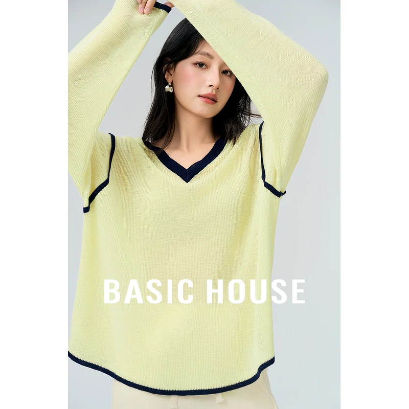 Basic House/百家好新款慵懒风撞色拼接显瘦V领针织衫B0624S5R972