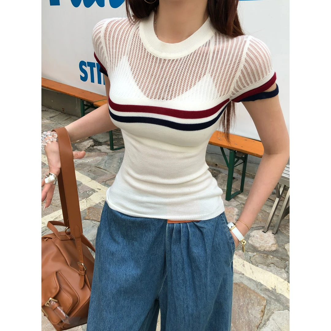 LI婉君【卢浮女高】夏季条纹圆领拼接显瘦修身T恤LWJ25B2T1189
