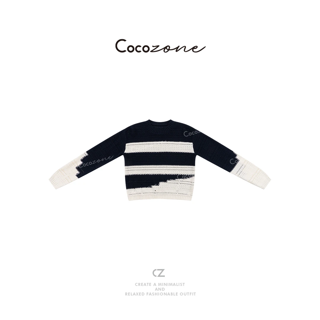 COCO ZONE 刘一一【100棉】撞色镂空宽松长袖针织衫CD2A0649