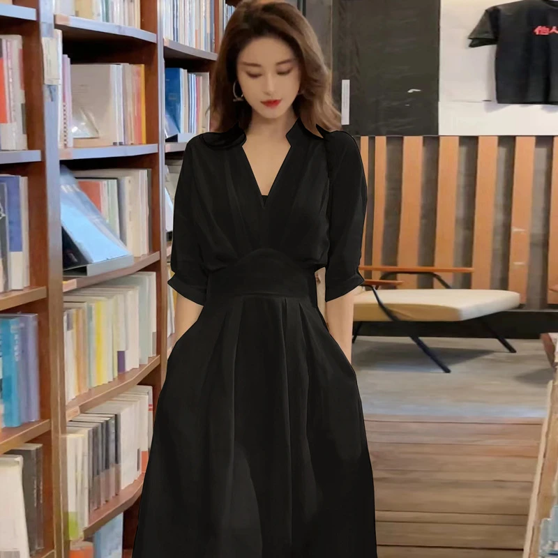 大码女装V领七分袖衬衫连衣裙收腰显瘦中长款显瘦衬衣小黑裙200斤