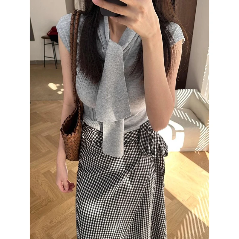 设计感小众灰色短袖针织t恤女2025夏季新款修身显瘦针织衫上衣潮