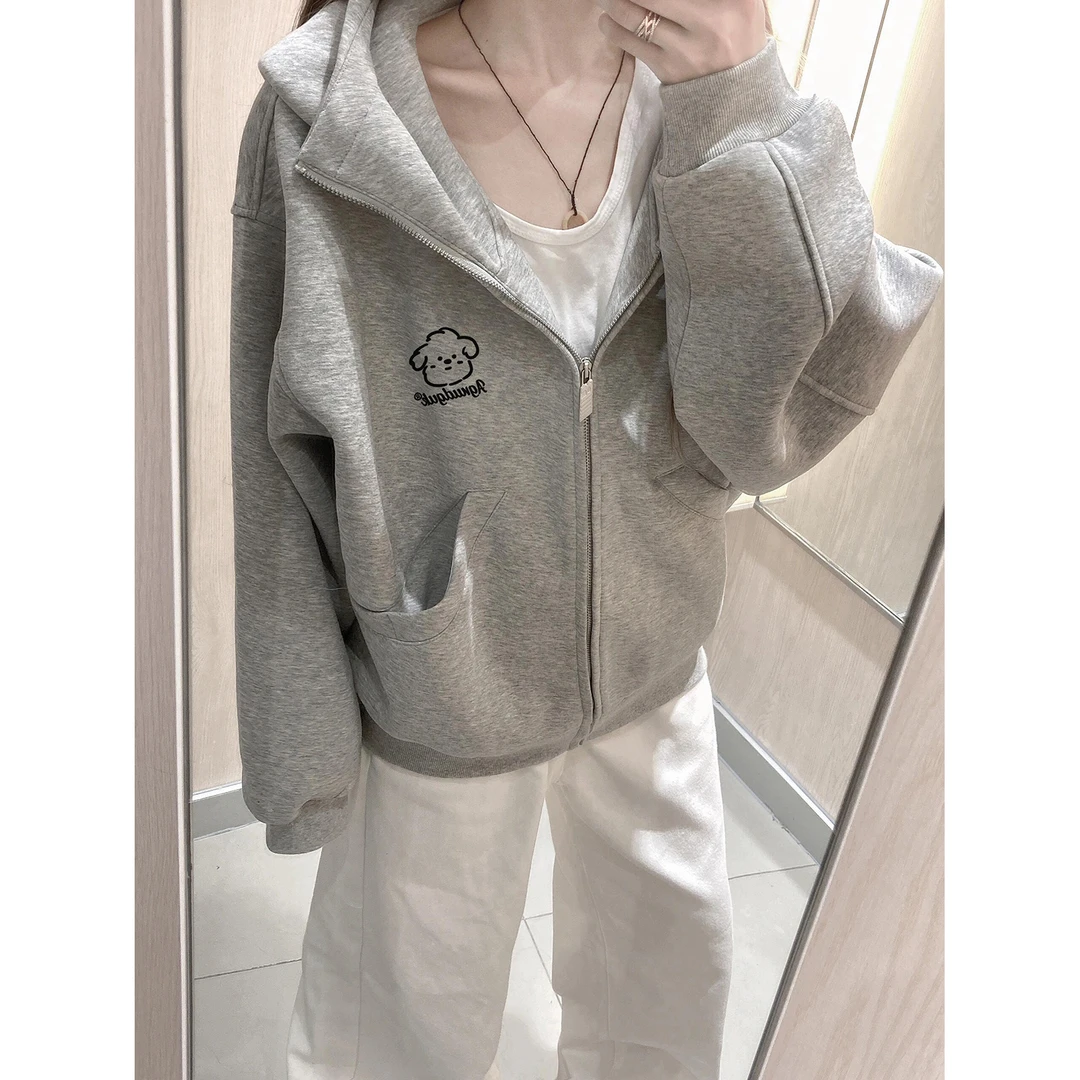 美式简约小狗印花开衫连帽卫衣男女秋冬季休闲潮流情侣拉链外套