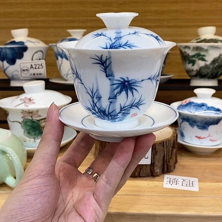 手绘竹子盖碗160cc三才釉下彩微瑕福利款