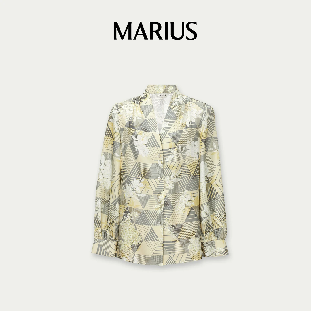 MARIUS“万花筒”简约花色气质无领衬衫长袖女士休闲百搭印花衬衣