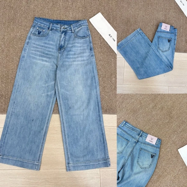 薇莎8831【现货】粉V标九分微弹阔腿牛仔裤