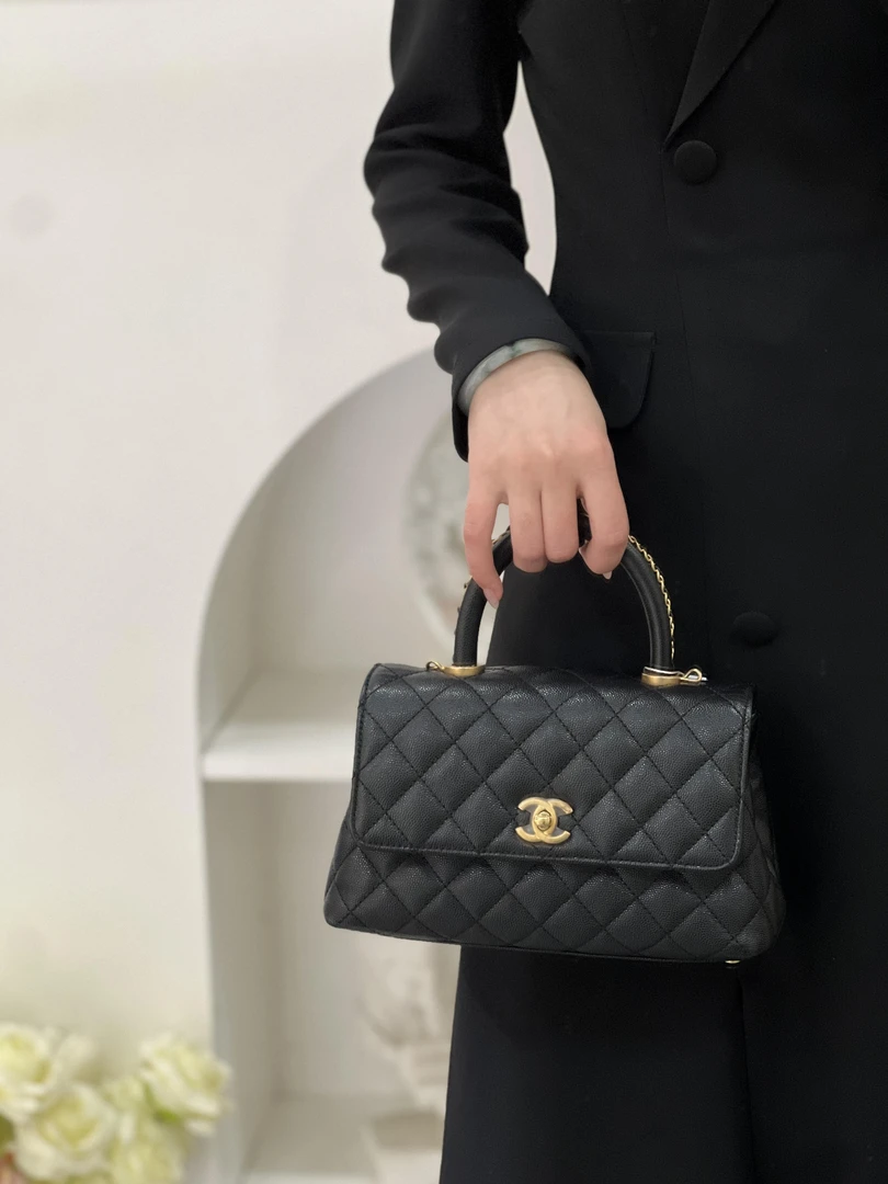 99新 Chanel/香奈儿 定金coco handle小号黑金荔枝纹编织手柄