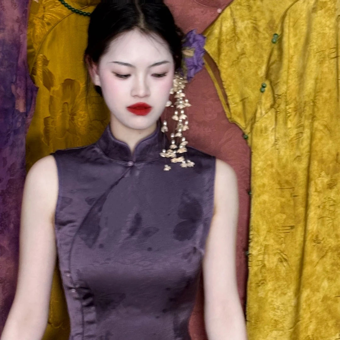LHMknk1画报夫人原创国风显瘦新中式旗袍温柔港工无袖旗袍 戏紫蝶
