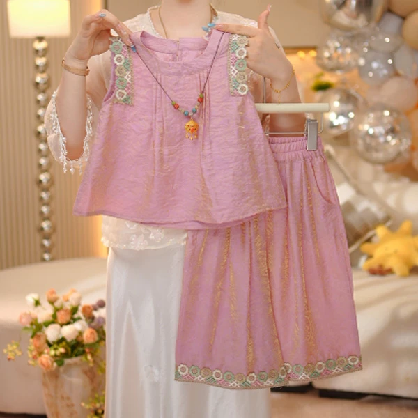 【米拉】女童国风薄款套装夏季新中式T恤裙裤时髦中大童2025新款