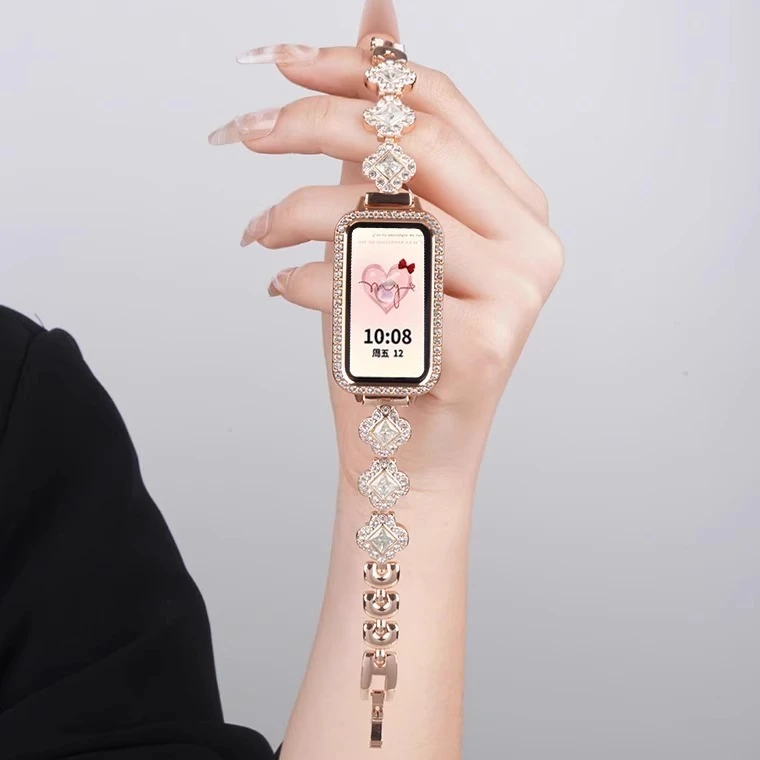 适用华为手环10/9手表带8代nfc施华洛金属表链智能运动女镶钻腕带