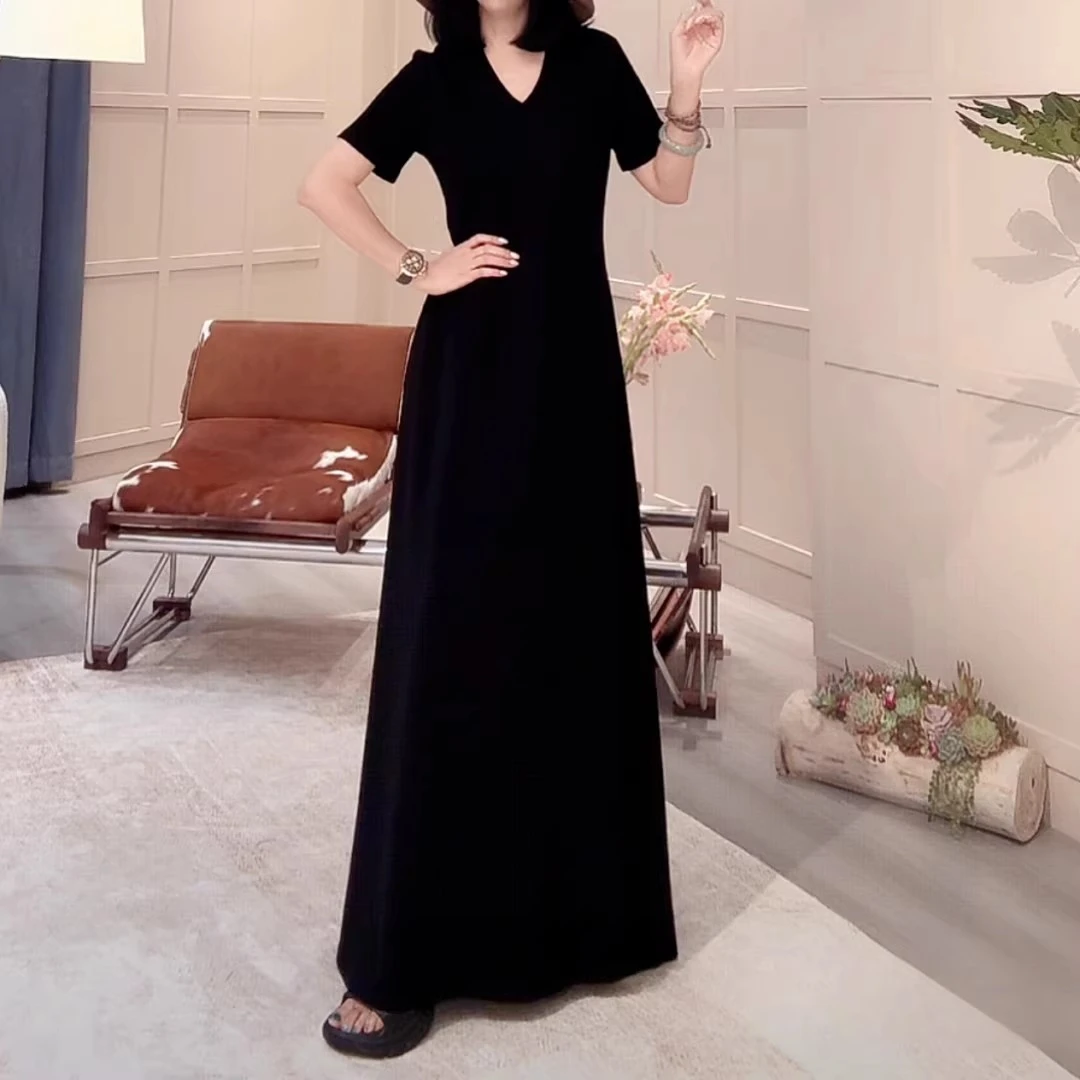 赫本风夏风V领遮跨拖地裙 夏季新款修身显瘦高腰气质大摆长裙2025