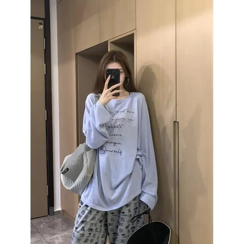 加码字母印花长袖防晒女式春夏t恤胖mm 150kg宽松中长空调上衣