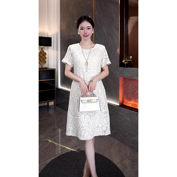 夏季轻奢时尚气质名媛收腰A字显瘦刺刺绣轻薄透气圆领短袖连衣裙