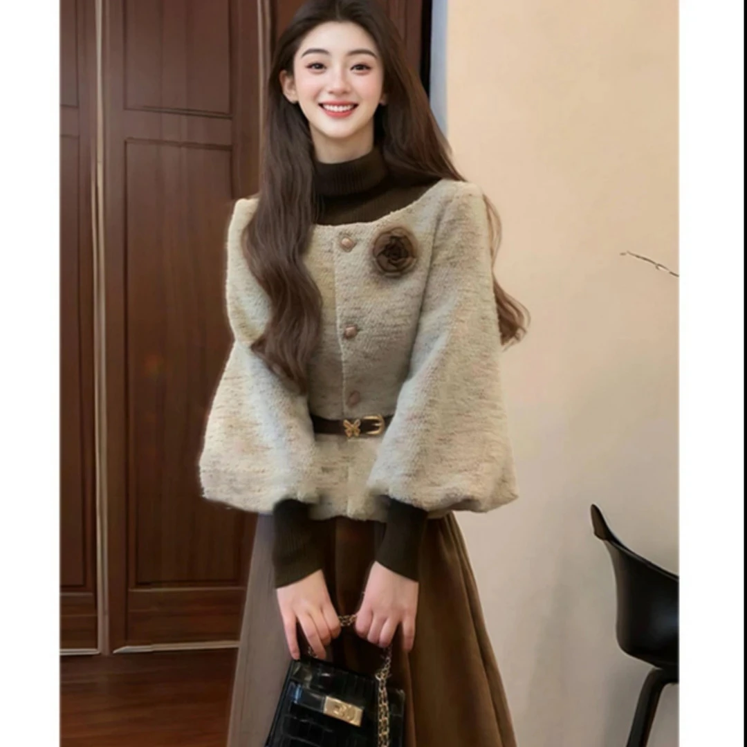 气质名媛独特绝美套装2025年冬季新款加厚外套半裙小香风一整套女