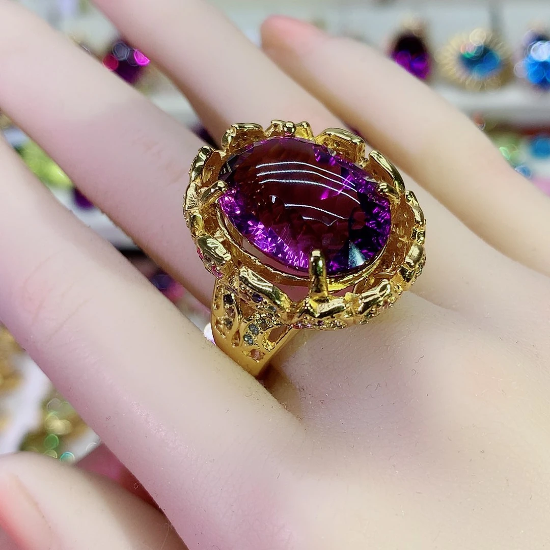 水晶戒指银S925镀金镶嵌