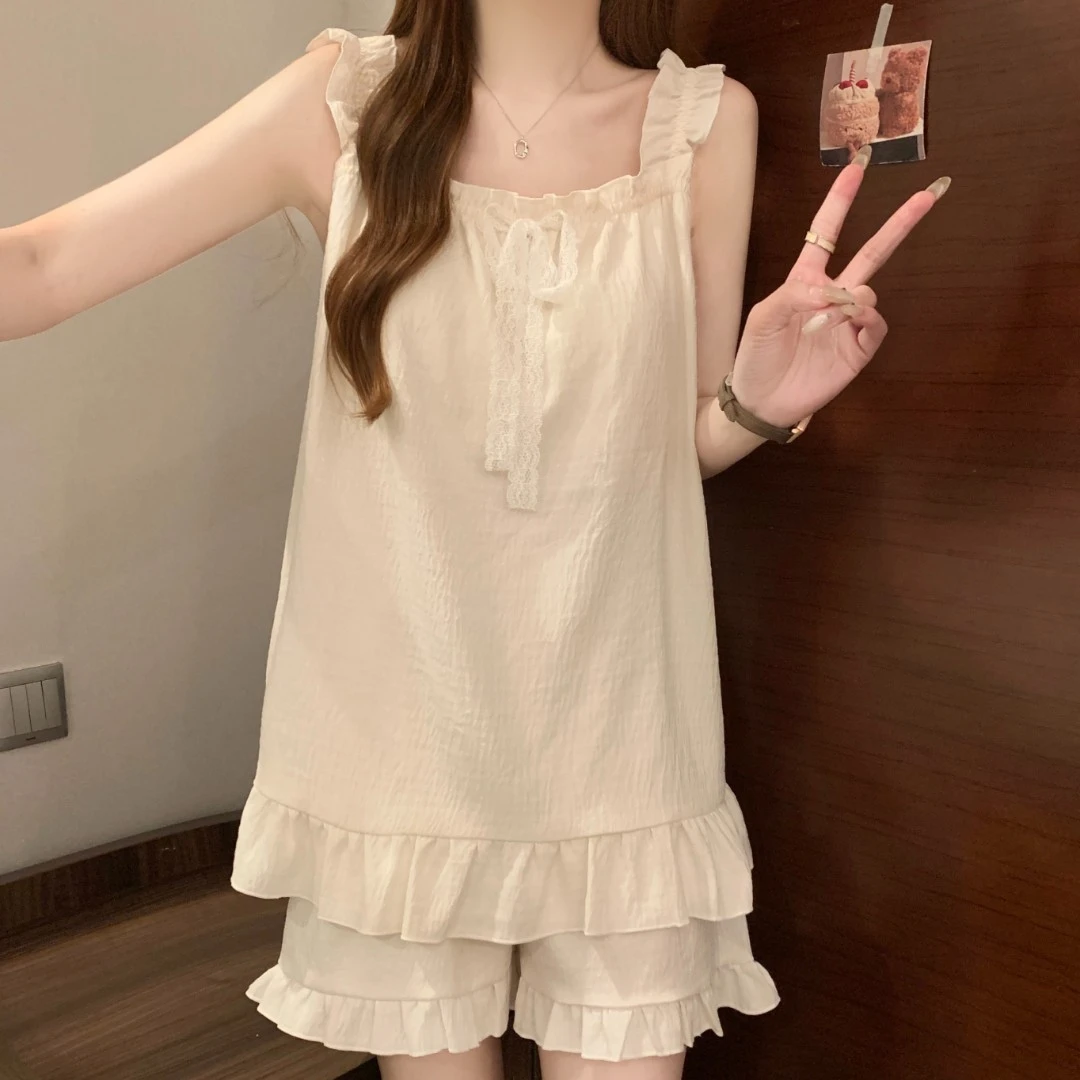 夏季新款带胸垫吊带短裤套装夏天网红少女薄款甜美宽松学生家居服
