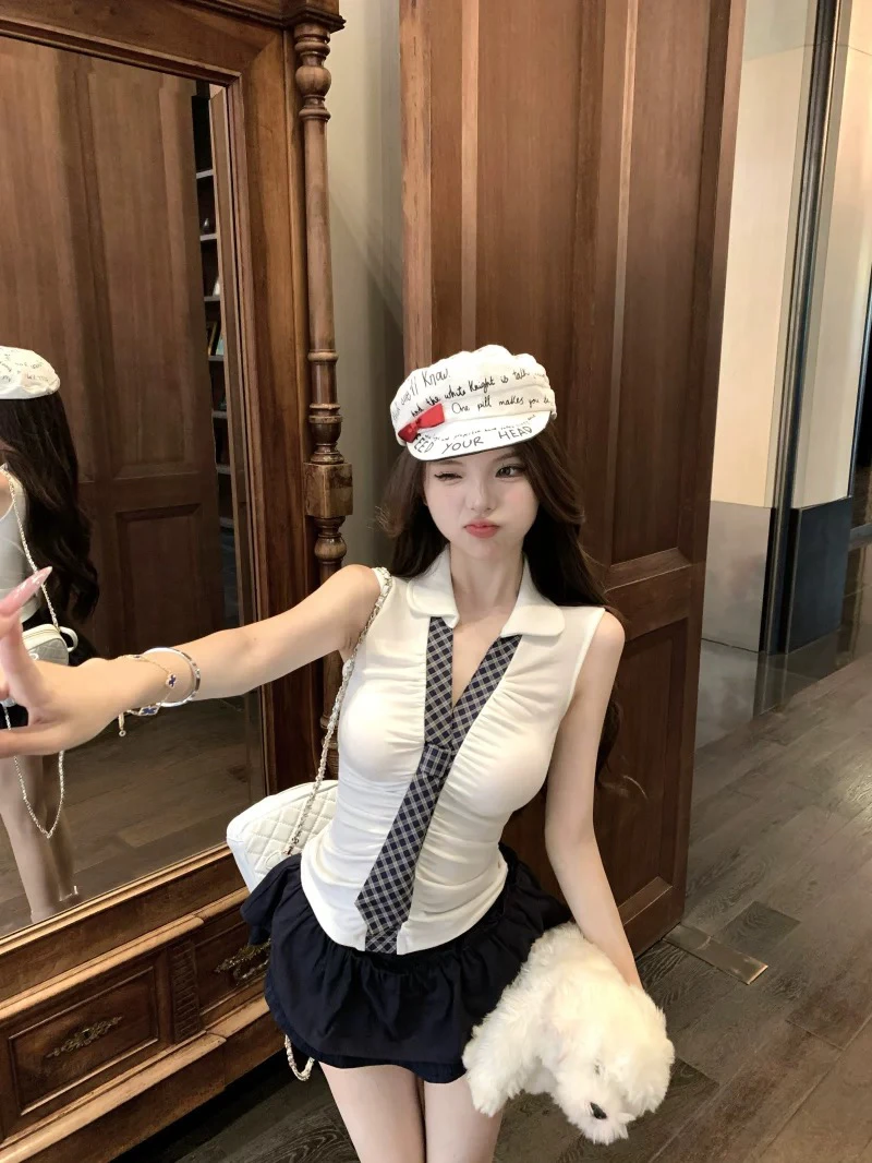 学院风领带吊带背心女夏季修身显瘦纯欲辣妹外穿内搭上衣polo领