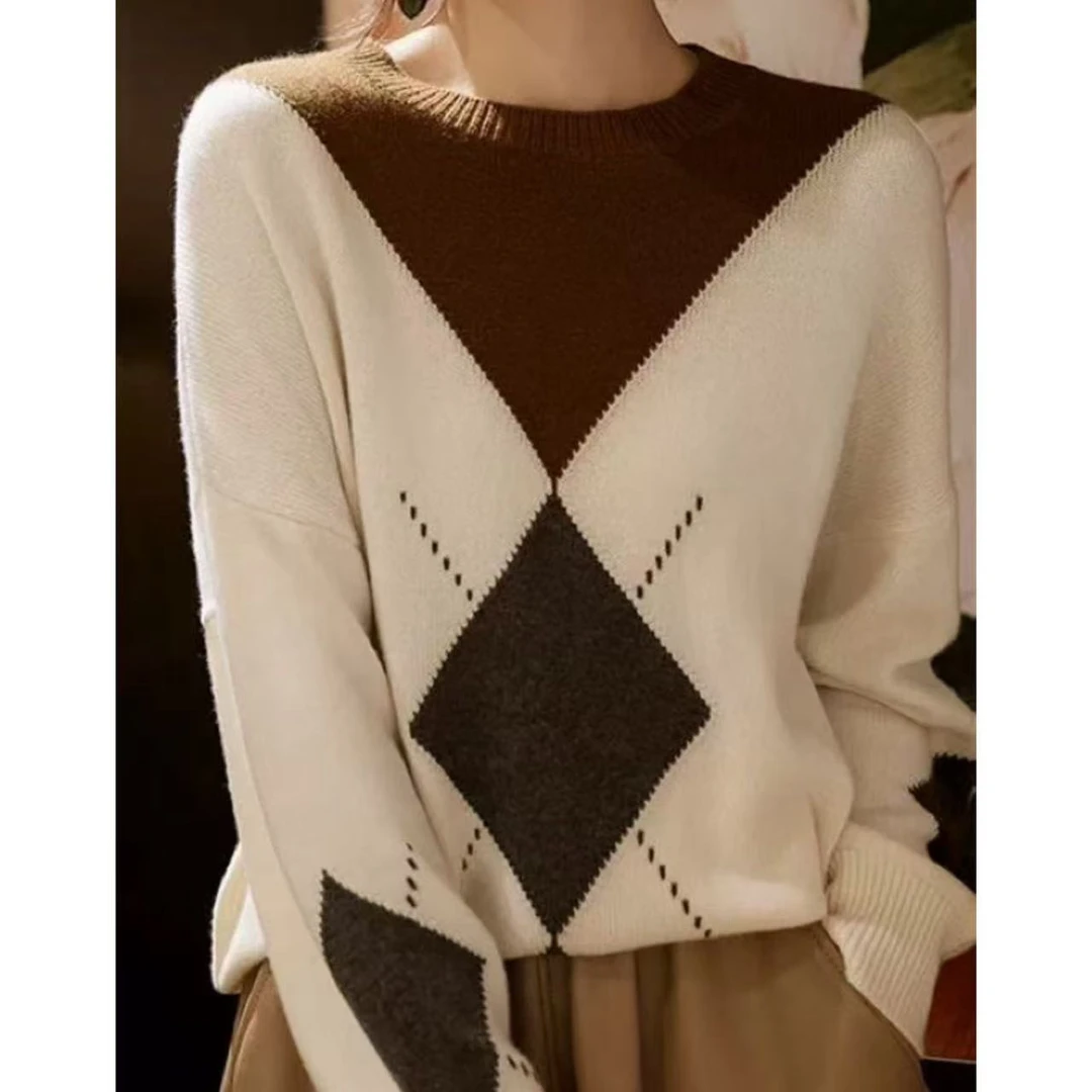 涵玖玥【100羊毛】菱形时尚款圆领长袖上衣佰07