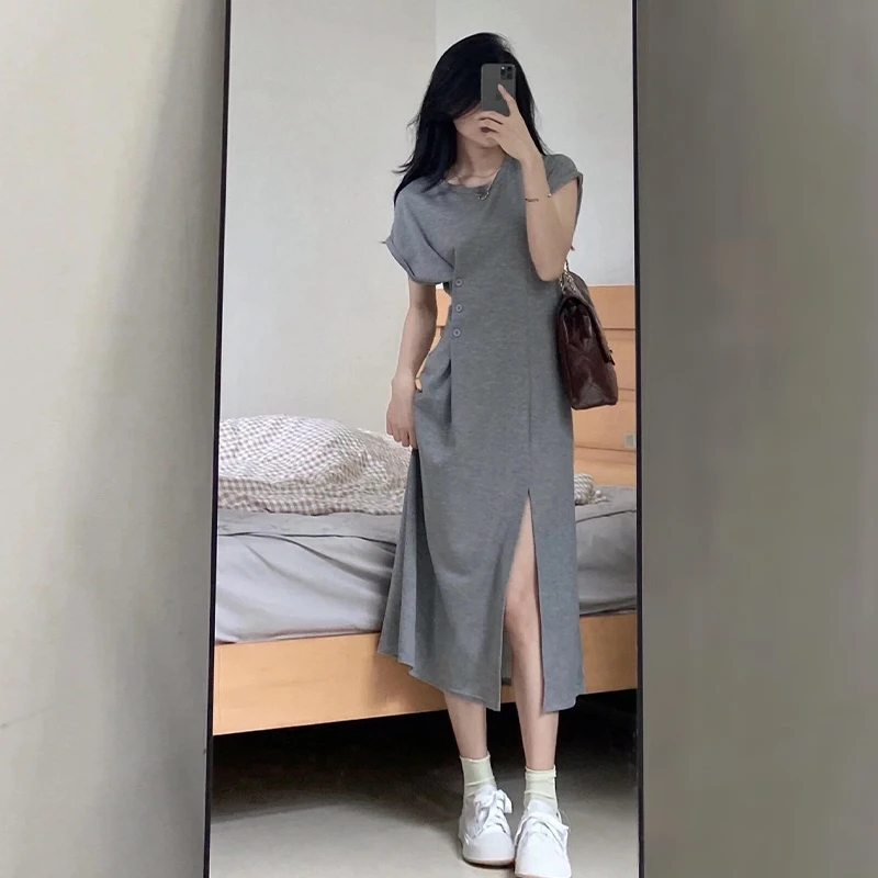 2025韩系独特别致灰色气质显瘦开叉连衣裙子长裙女夏季穿搭T恤裙
