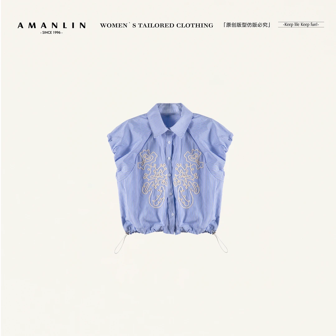 AMANLIN/阿谩琳欧若风法式刺绣下摆抽绳泡泡袖衬衫潮上衣Y596999