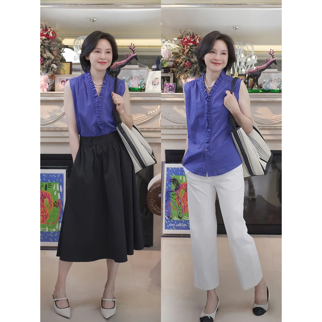 woshimojie 宝石蓝 80支100新疆棉H型立体木耳边春夏无袖衬衫