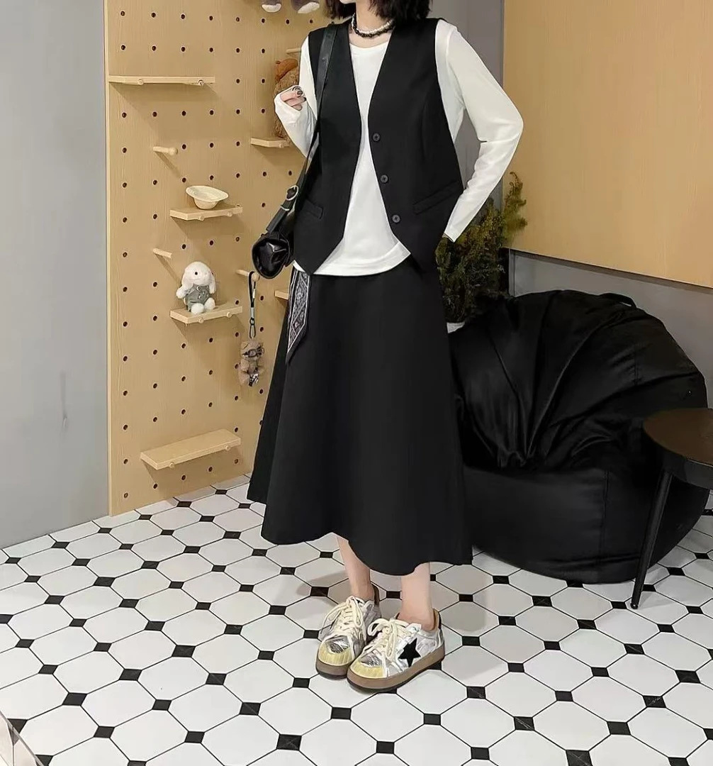 胖mm减龄蝴蝶结设计马甲半身裙三件套时尚休闲遮肉套装裙韩系慵懒