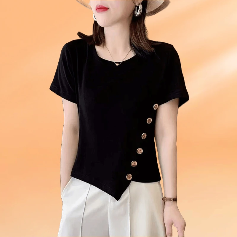 休闲设计感纽扣短袖t恤女2025年夏季新款韩版不规则短款修身上衣