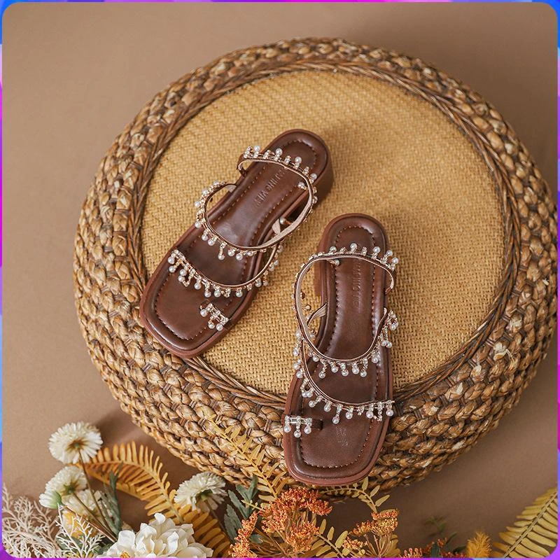 外穿大学生凉鞋女夏季宽胖脚显瘦方头罗马鞋波西米亚风沙滩鞋高跟