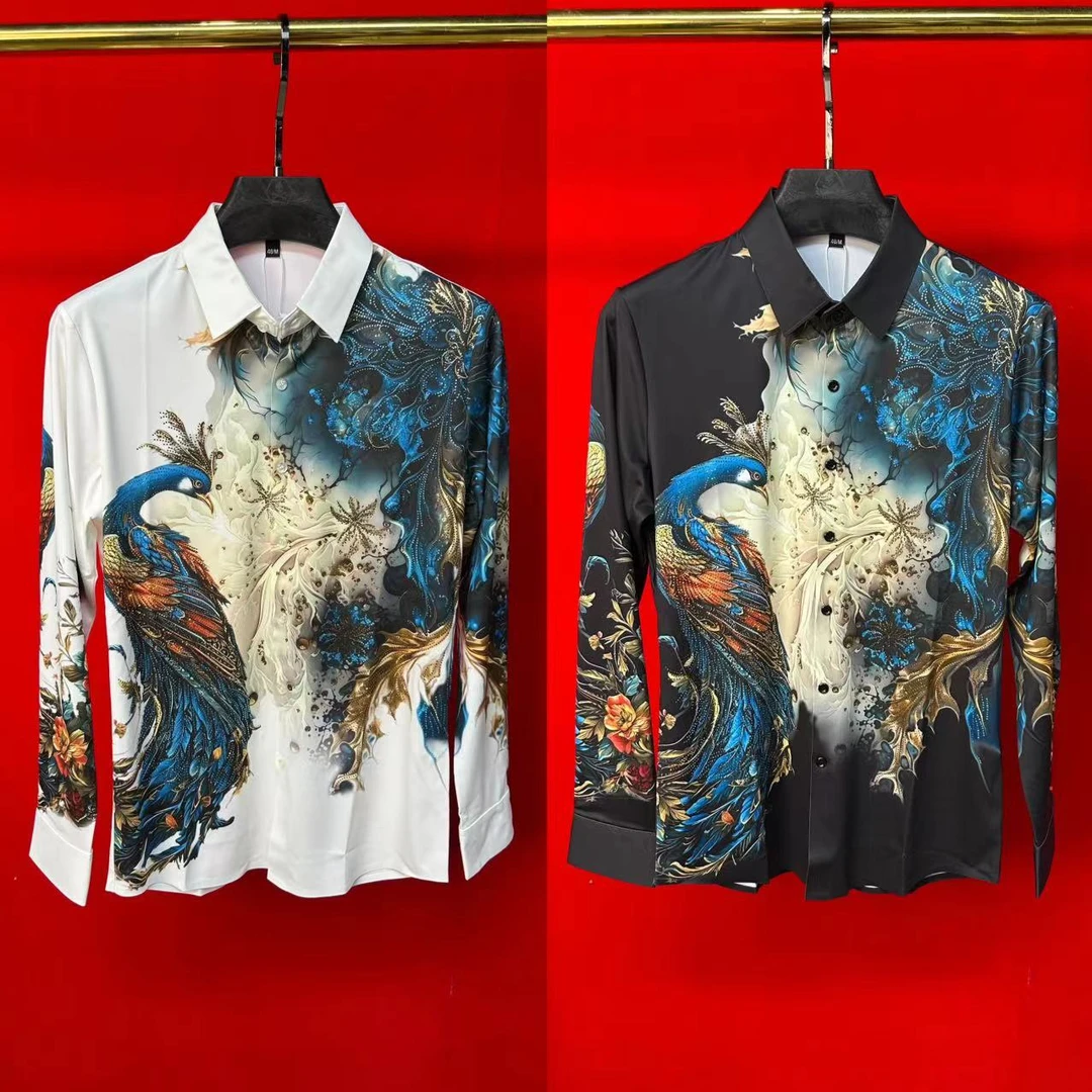 摩登25新款男秋冬高品质欧货艺术感孔雀印花时尚长袖衬衫72584