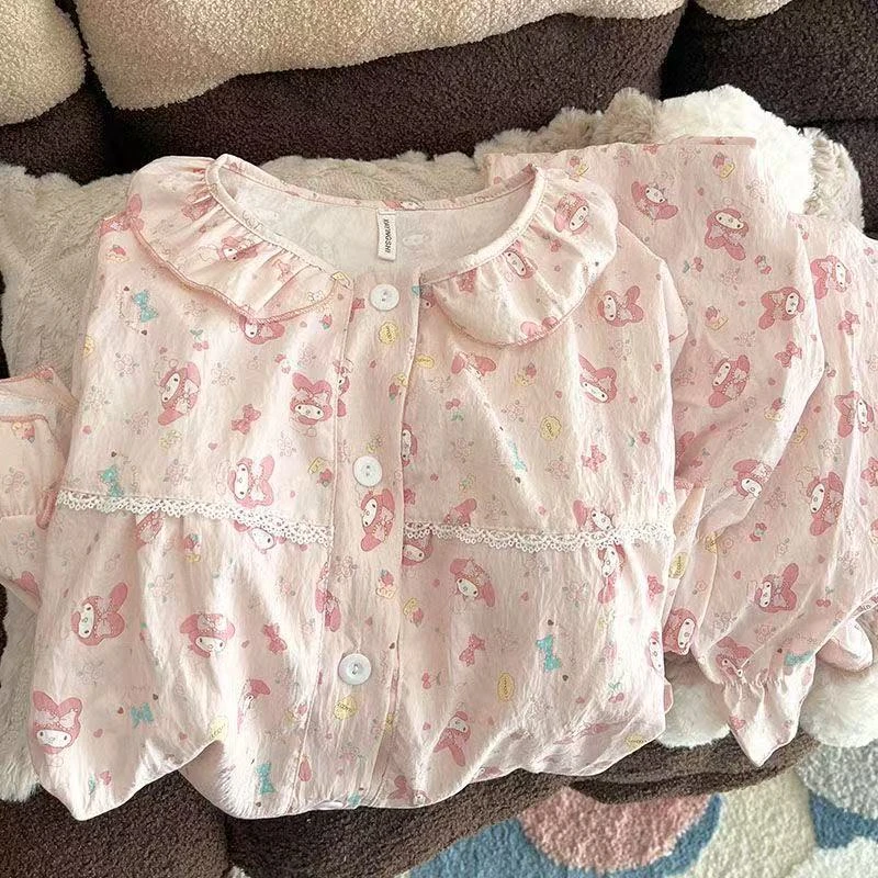 2025新款云朵棉卡通睡衣女家居服春秋款长袖美乐蒂薄款可爱带胸垫