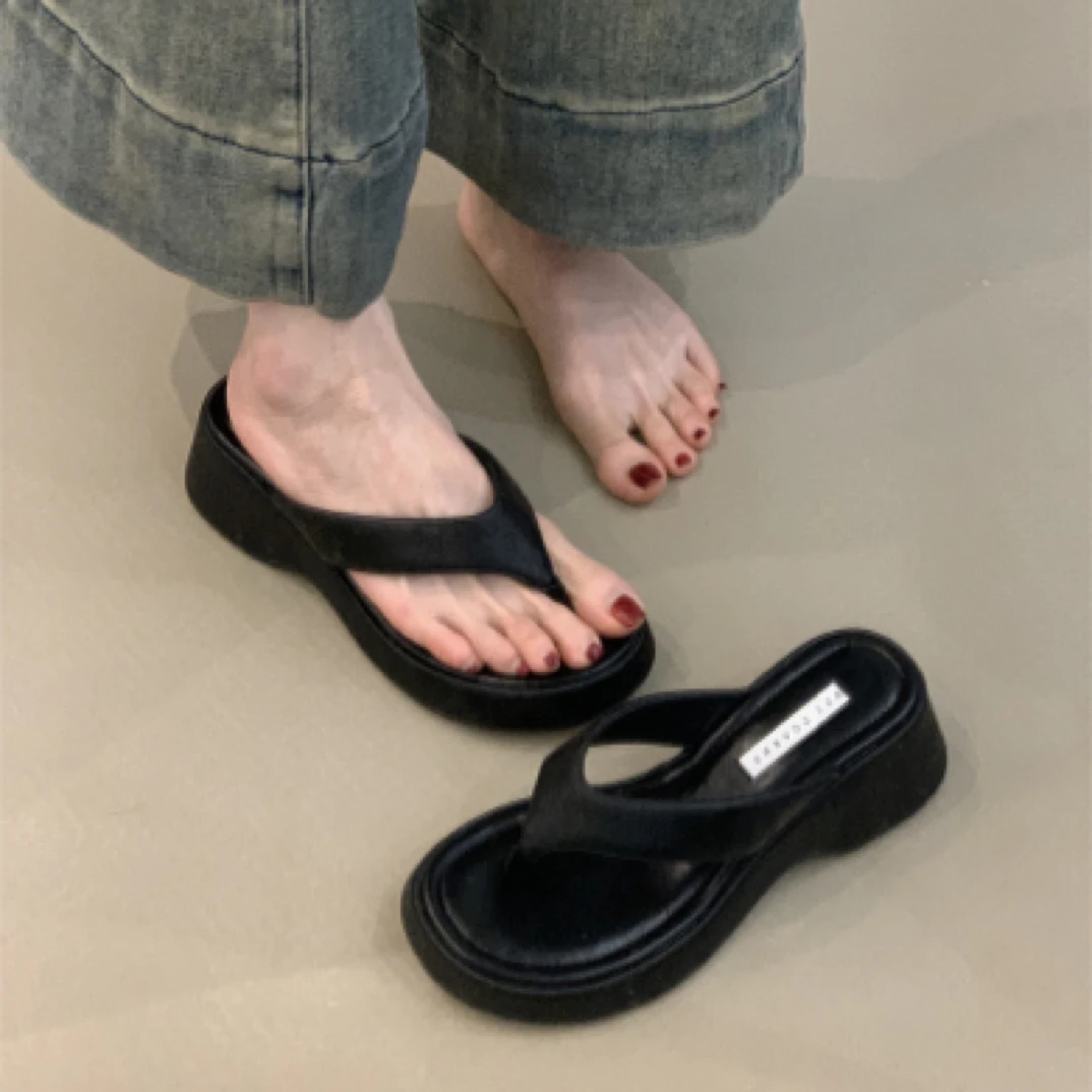 833-1 甜美豹纹高跟人字拖法式气质优雅配裙子夹趾厚底凉拖鞋