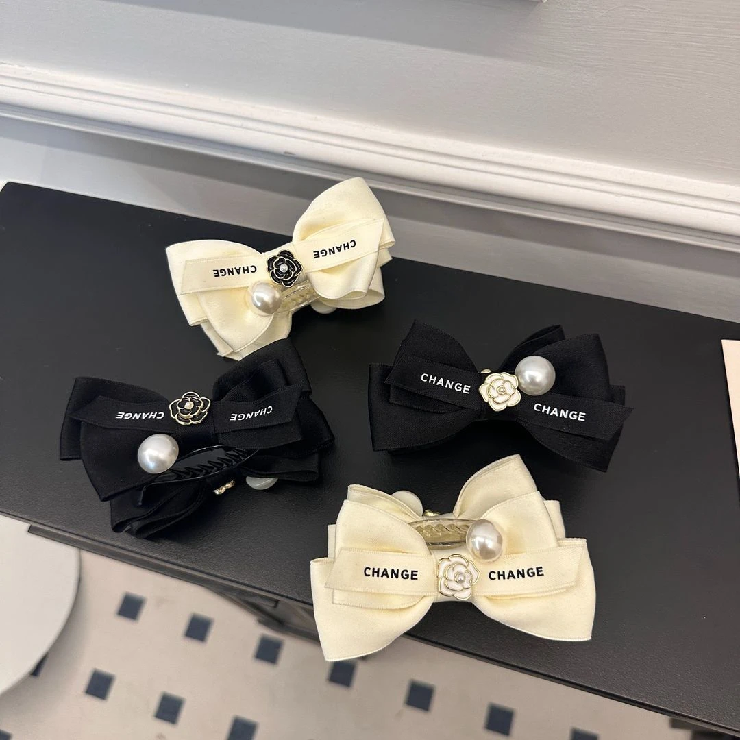 法式轻奢山茶花珠珠蝴蝶结发夹小香风气质丸子头网红少女黑色百搭