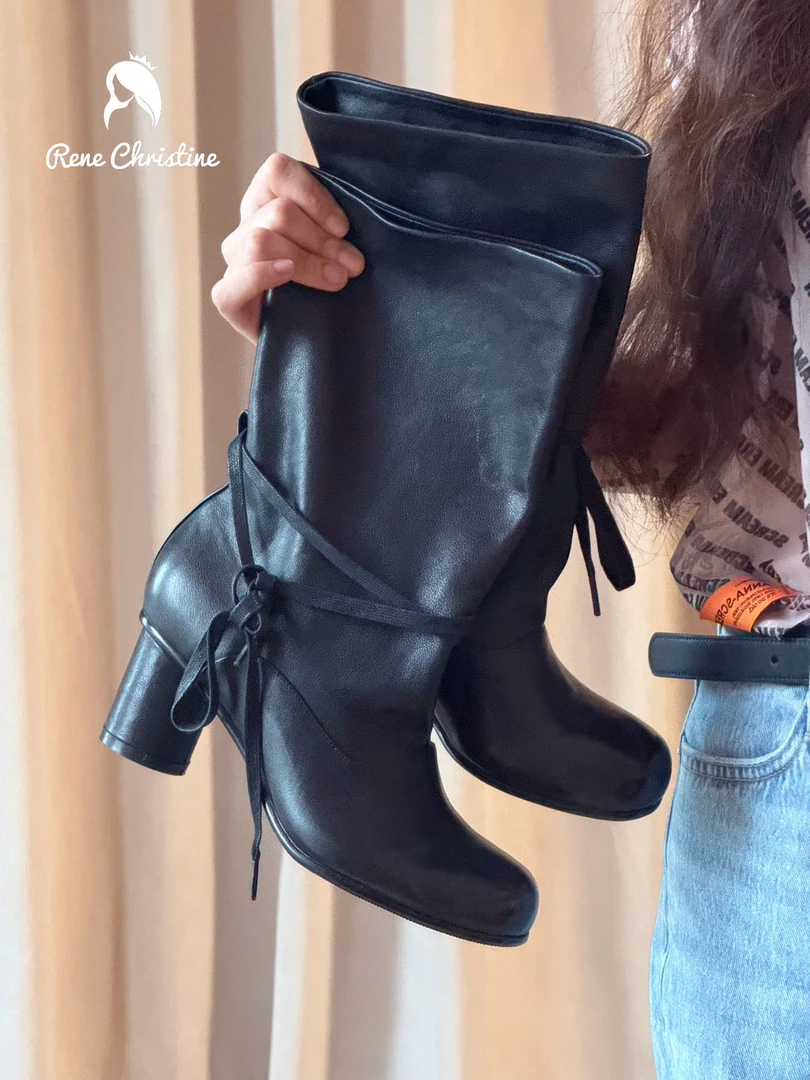 ReneChristine|6cm|秋冬时装靴新款复古百搭圆头粗跟真皮女靴