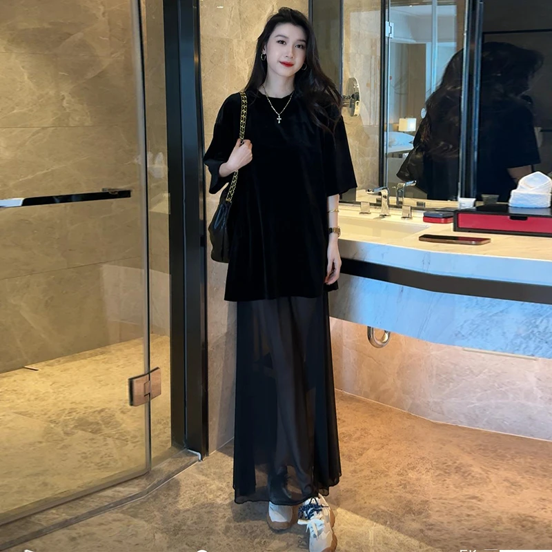 黑色时尚半身裙女春季新款洋气圆领半袖t恤网纱拼接鱼尾两件套装