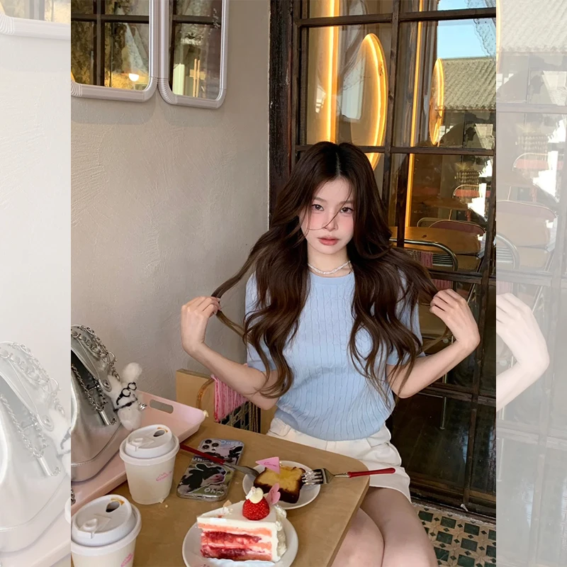 圆领正肩t恤女短袖春夏季修身短款设计感别致百搭针织衫上衣