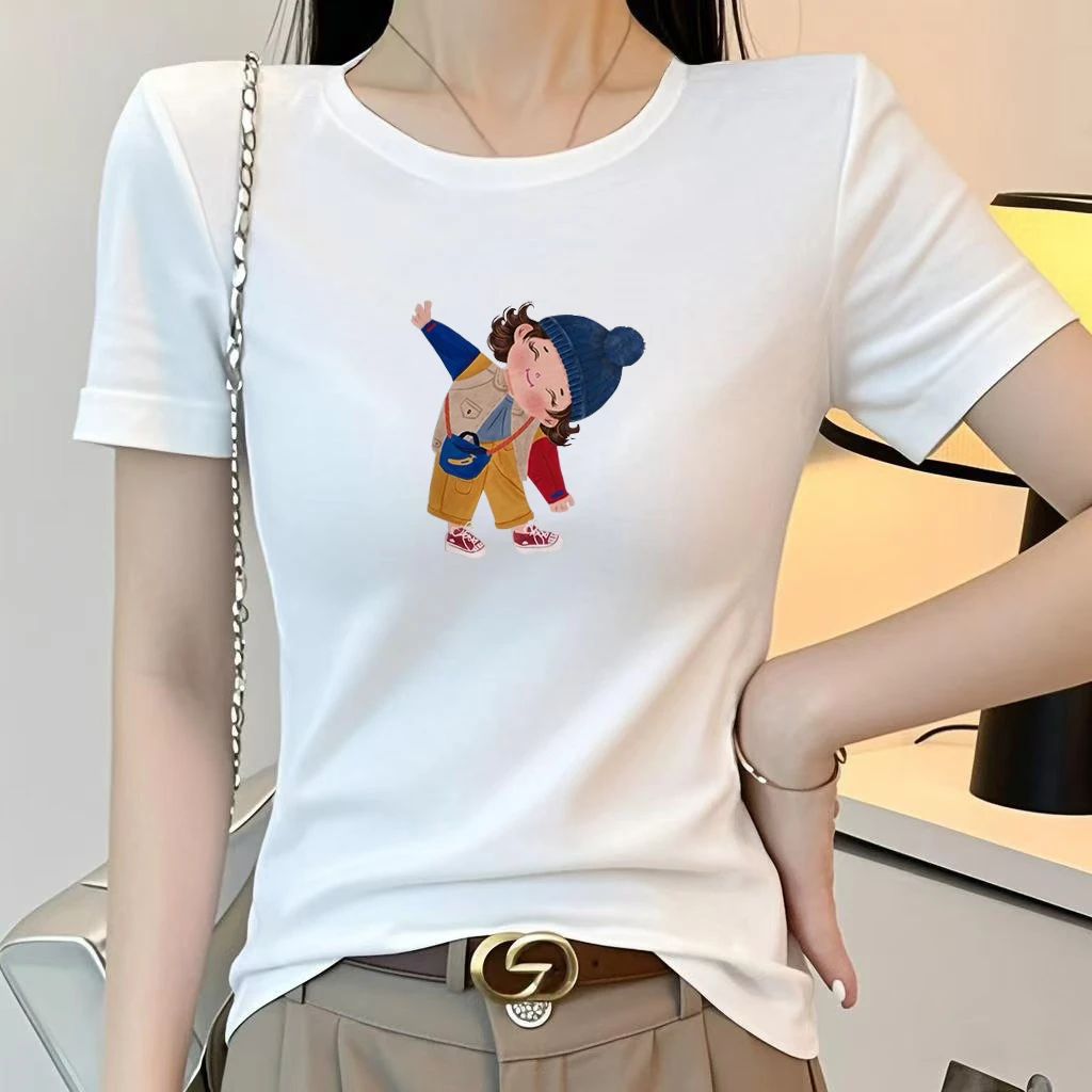 正肩白色短袖t恤女夏季修身半袖显瘦圆领体恤衫卡通印花小衫上衣