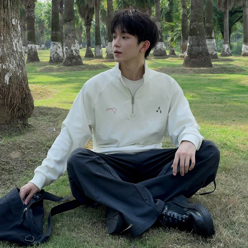 美式创意字母印花立领半拉链卫衣男秋冬潮牌百搭休闲宽松重磅上衣