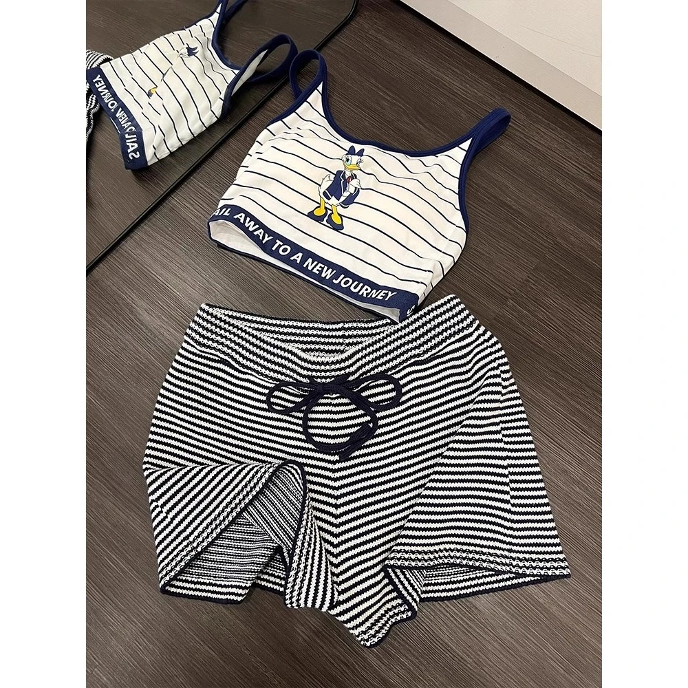 设计感条纹唐老鸭吊带睡衣女夏季新款宽松舒适大码家居服短裤套装